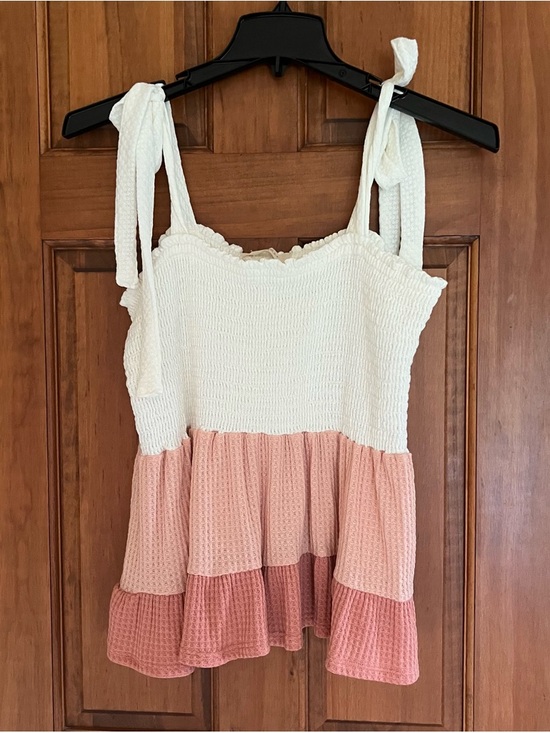 A Beautiful Soul Tops - A Beautiful Soul Women’s White and Pink Tiered Smocked Tank Top-1X (NWT)